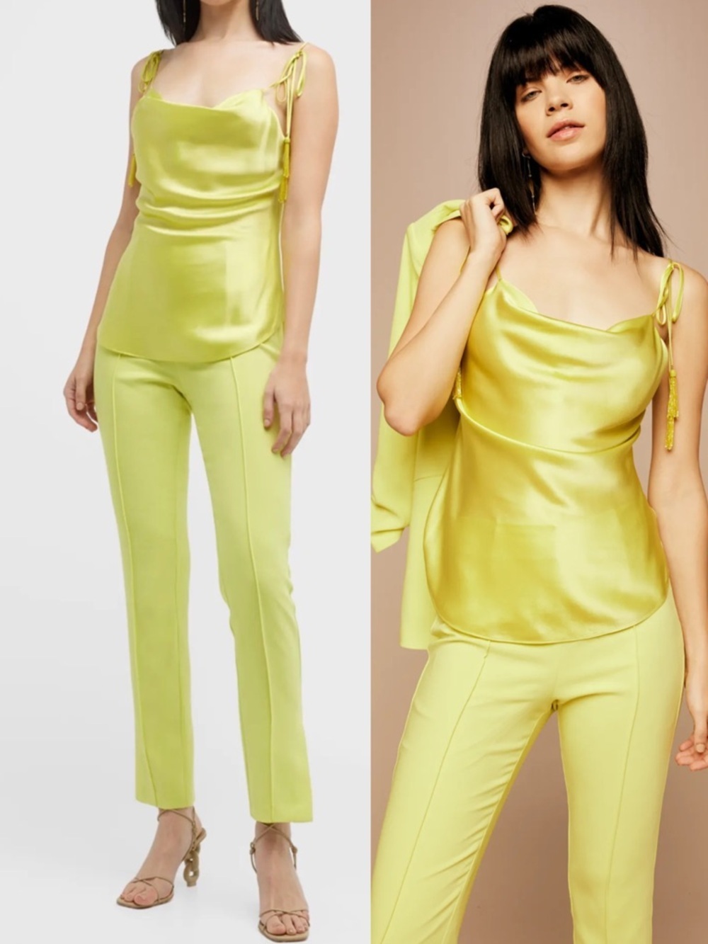 Cinq a Sept Marta Beaded Tassel Cowl Neck Silk Cami Top Key Lime Y2K Style - Picture 1 of 14
